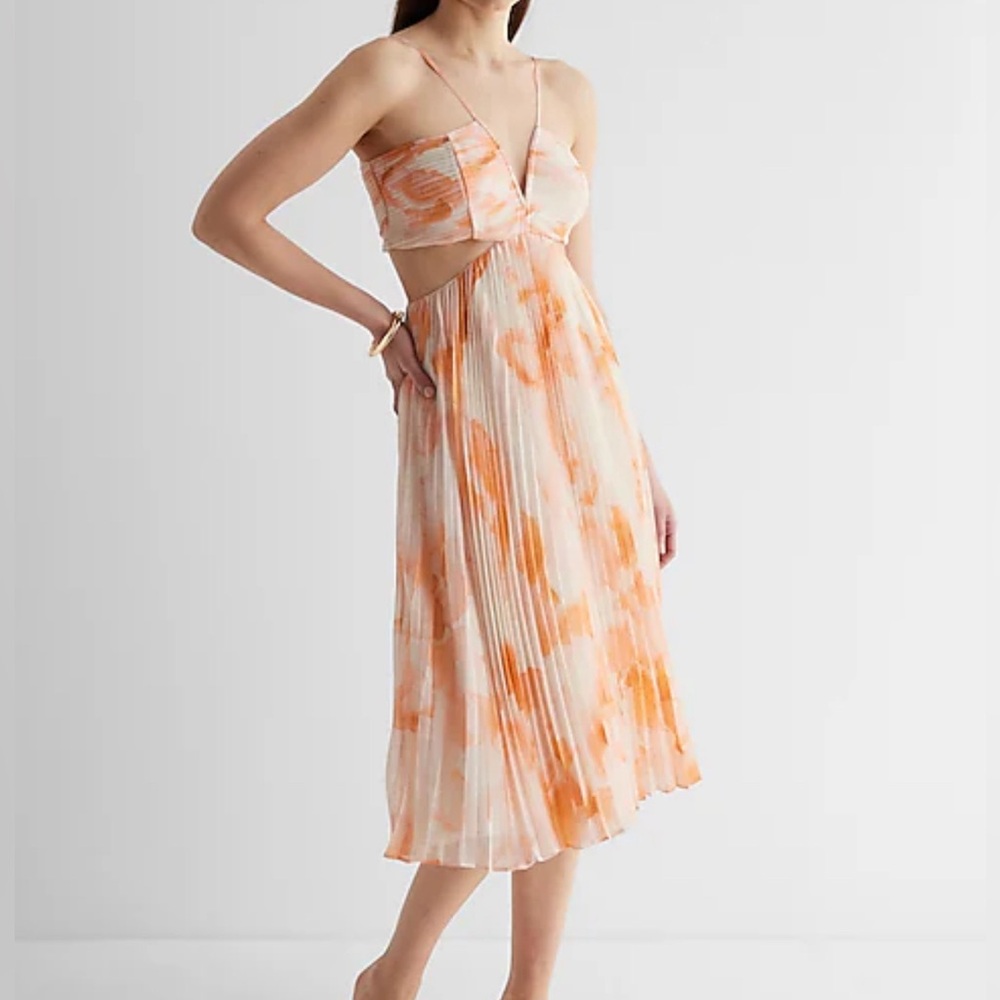 Floral V-Neck Pleated Cutout Midi Dress